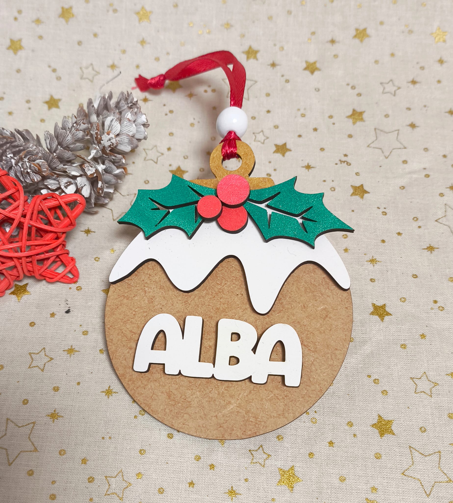 BOLA DE NAVIDAD PERSONALIZADA DISEÑO NIEVE Y ACEBO